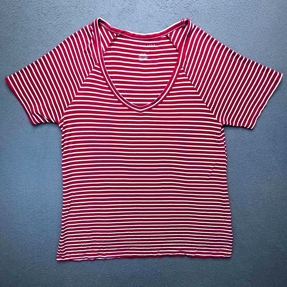 American Eagle Soft & Sexy Burgundy White Striped‎ V-Neck Raglan Tee Small